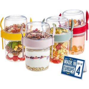 Crystalia 4 Pack 22 oz On The Go Yogurt Parfait Cups with Lids & Spoon, Large Breakfast Plastic Bowls with Topping Cereal Oatmeal Salad or Fruit Container for Snack Box (Clear)
