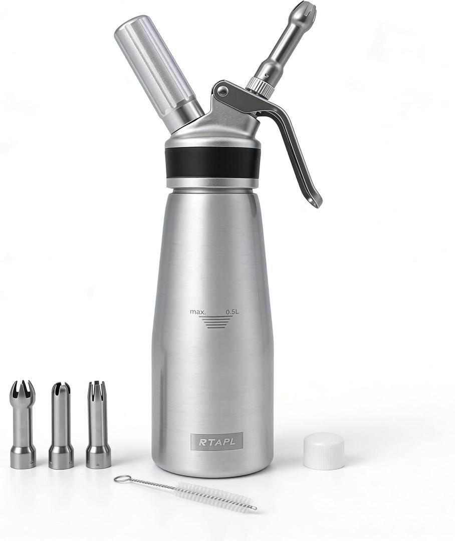 Professional Whipped Cream Dispenser, Silver Aluminum, 500ml Capacity with Lever Handle and Decorating Tips, NO Chargers (Not Included)