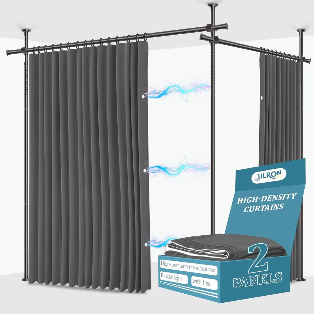 Jilron No-Drill Room Divider Curtains Set: Includes 106" W x 84" L Grey Curtain 2-Panel & Adjustable Pole Brackets (72-200" W x 43-120" H Adjustable Range), 100"W x 84"L