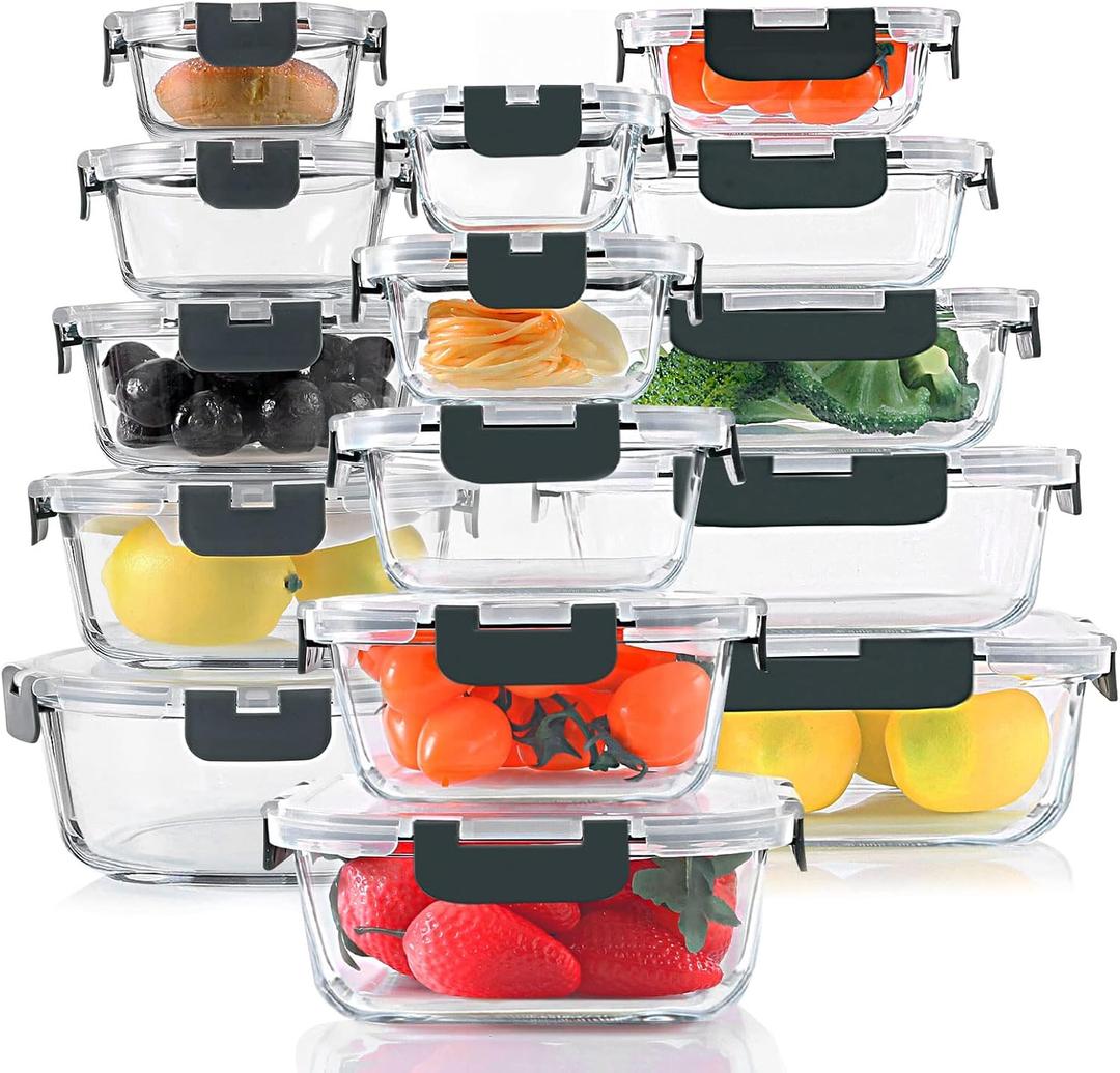 KOMUEE 30 Pieces Glass Food Storage Containers Set, Glass Meal Prep Containers Set with Snap Locking Lids, Airtight lunch Containers for Microwave, Oven, Freezer & Dishwasher,Gray, 15 pcs