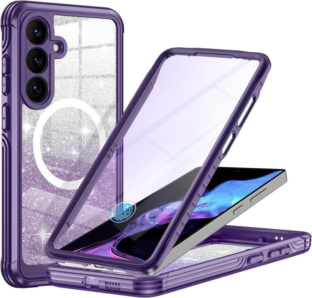 Hekodonk for Samsung Galaxy S25 Case Glitter,Compatible with MagSafe[Built-in Tempered Glass Screen Protector & Camera Lens Protection] Full Body Shockproof Protective Bling Phone Case,Amethyst