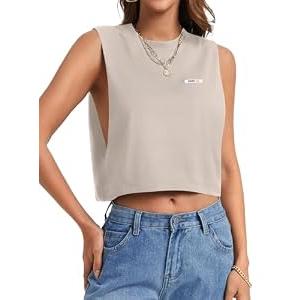 Remidoo Cropped Tank Tops for Women Open Side Workout Tops Sleeveless Shirt Crewneck Activewear Beige Small