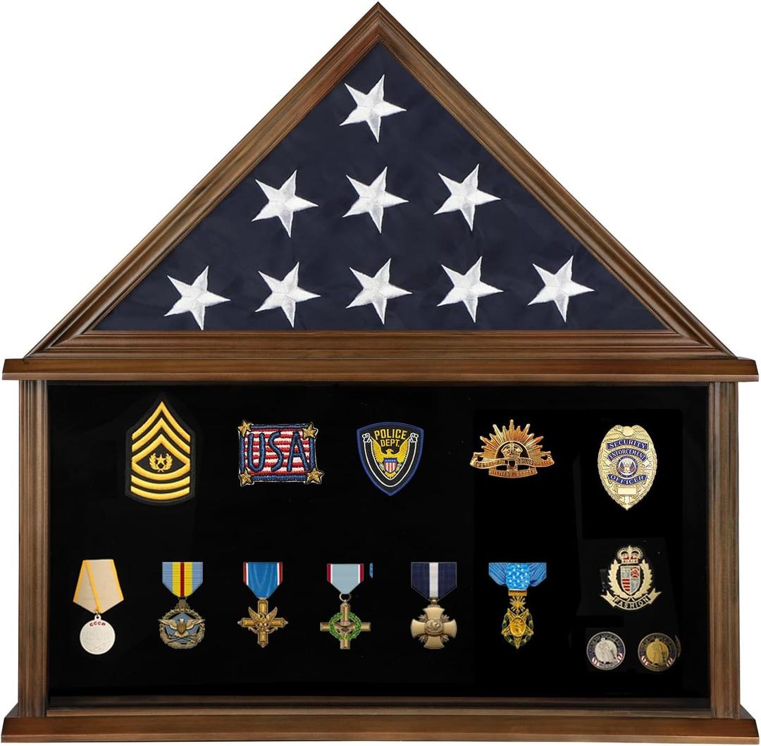 Large Military Burial Flag Display Case for American Folded Veteran 5'x9.5' Burial Flag and Military Medals - Solid Wood Shadow Box Gift with Real Glass Certificate Holder -Walnut