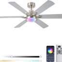 52in Ceiling Fans with Lights RGB Ceiling Fan with Light and Remote/APP Control,Low Profile Ceiling Fans with Lights for Bedroom,Living Room,Kids Room,3CCT Dimmable Modern Ceiling Fan, 6 Speeds,Nickel