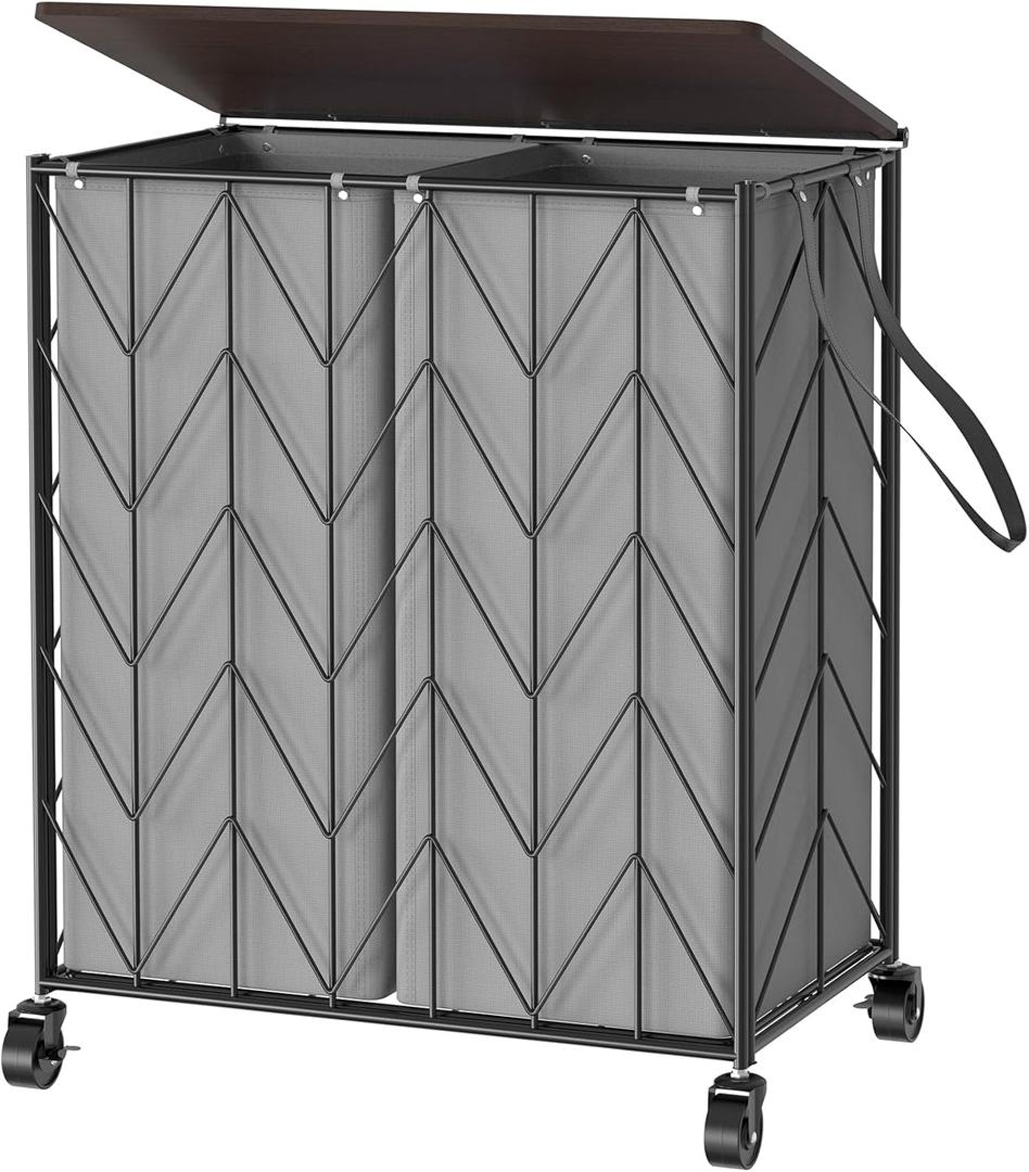 WOWLIVE Laundry Basket with Wheels, Heavy Duty Laundry Hamper with Wood Lid, Clothes Hamper with Divided Removable Liner Bag, Large Capacity Iron-Made Laundry Sorter Laundry Room Organization (Grey) (115L(22 x 13 x 26.4 Inches))