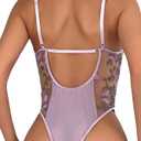 Lilosy Plus Size Women Sexy Lace Up Floral Embroidered Teddy Babydoll Lingerie Bodysuit Top Mesh Sheer One Piece See Through Butterfly Light Purple 3X-Large