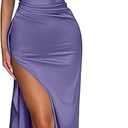 MEMORIESEA Women's Sexy one shoulder satin high Split Cocktail wedding party Maxi dress purple 04 (Small)