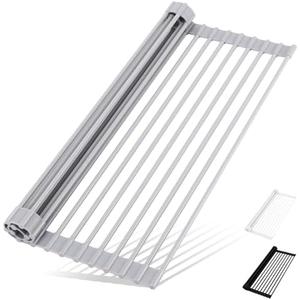 HANZENMA Roll Up Dish Drying Rack Over The Sink Kitchen Roll Up Sink Drying Rack Multipurpose Foldable Sink Drying Mat, Heat-Resistant, Anti-Slip & Anti-Rust Dish Rack for Kitchen, 17" x 13", Grey