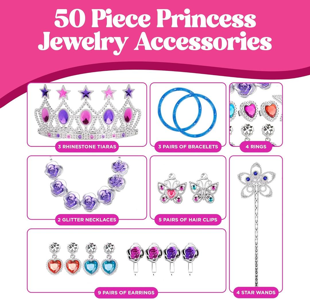 50 PCS Princess Jewelry Dress Up Accessories, Pretend Play Set Jewelry Party Favors for Girls Cosplay Party Favors with Crown Wand Ring Earring Necklace