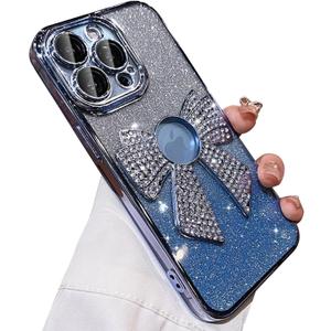 Fycyko for iPhone 12 Pro Case Women Cute Bowknot Glitter Rhinestone Bling Plating Luxury Women Girl Phone Case,Shine Diamond for iPhone 12 Pro Protective Cover,Clear Gradient Blue
