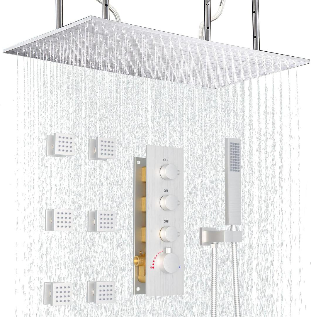 Enga Shower Faucet Set, 16x32 Inch Ceiling Shower Head with 6 Body Jets, Thermostatic Shower Valve, Can Use All Function At the Same Time, Brushed Nickel