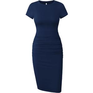 Missufe Women's Short Sleeve Ruched Casual Sundress Midi Bodycon T Shirt Dress (Medium, Navy Blue)