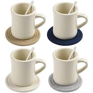BYCNZB 11oz Ceramic Diner Coffee Mug set Stoneware Coffee Cups Set for Restaurant, Diner, Farmhouse, Coffee Shop, Home set of 4 with Coffee spoons and Woven Coasters (Cream)