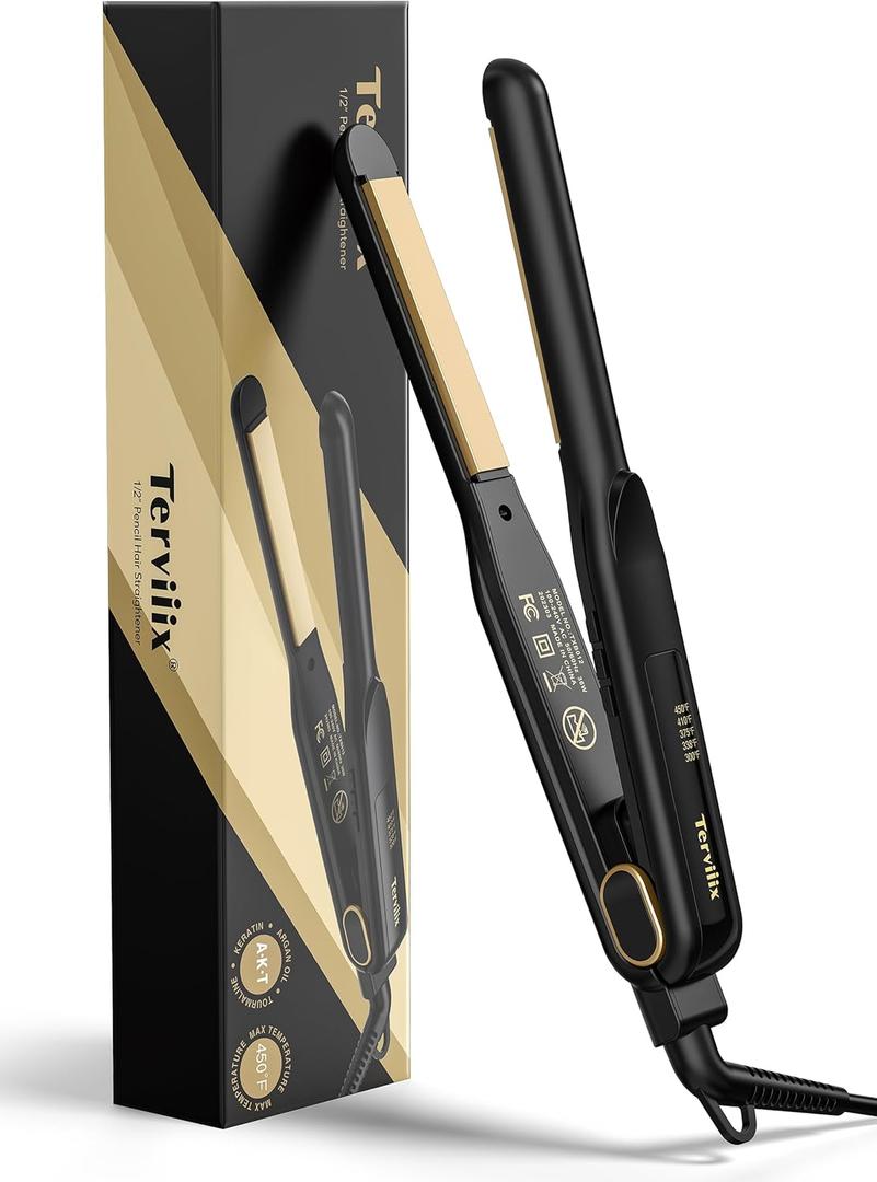 Terviiix 1/2 Inch Flat Iron for Short Hair, Small Hair Straightener and Curler 2-in-1 for Pixie Cuts & Touch-Ups, Rounded Edge Mini Flat Iron for Men and Women, Dual Voltage Travel-Friendly (0.5 Inch, Black)
