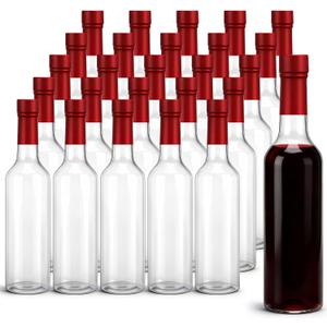 Potchen 25pcs 300ml Plastic Bottles with Screw Lid and Shrink Capsules Caps Seals, Empty Clear Long Neck Bottles for Christmas Homemade Drinks Gift Coquito Vanilla Extract Limoncello (Red)