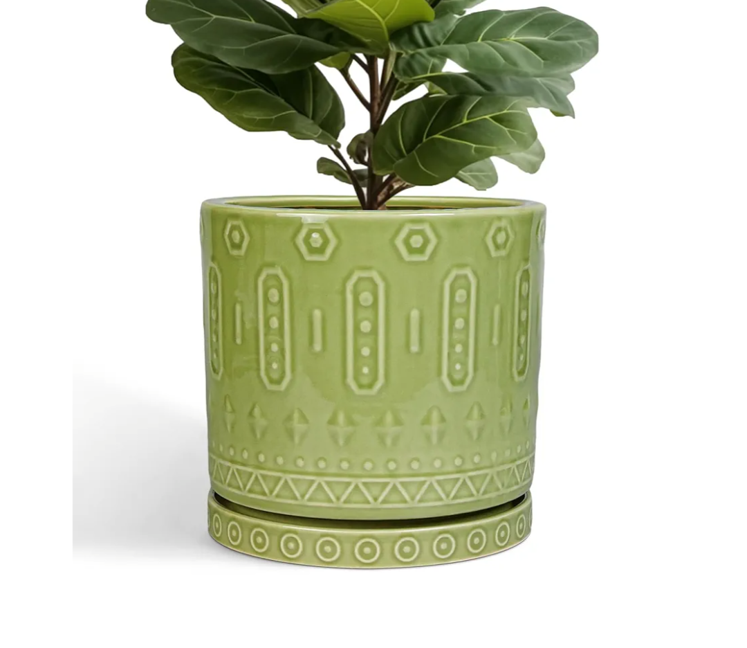 Ceramic Planter - 12 Inch Pots for Plants Indoor Outdoor, Round Large Flower Pots with Drainage Hole and Saucer, Decorative Boho Planter, Home Office Decor, Plant Lover Gifts, Green