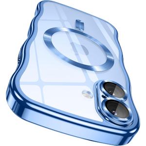 GVIEWIN for iPhone 17 Case [Compatible with MagSafe][Upgraded Full Camera Protection][Cute Wave Frame] Glossy Slim Shockproof Protective Magnetic Phone Case for iPhone 17 6.3'', Clear/Light Blue