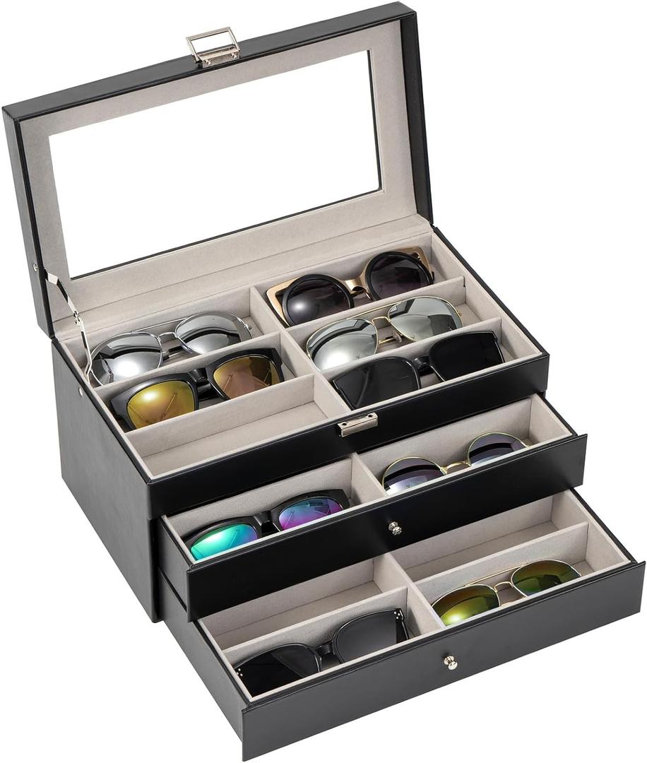 ProCase 3-layer Sunglasses Storage Organizer, 18 Slots Leather Sunglass Box Multiple Pairs Eyeglass Cases Eye Glass Eyewear Display Holder for Men Women -Black (18-Slot, Black)