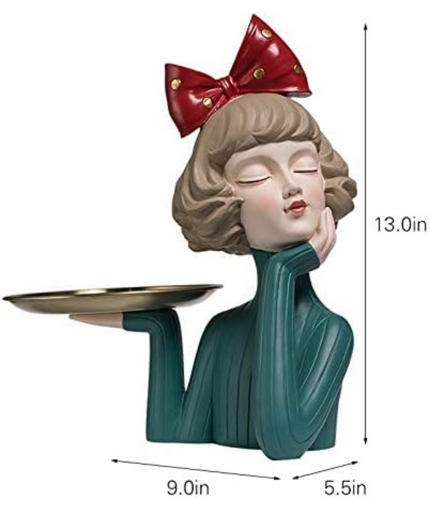 Girl Figurine Decor Resin Decoration Creative Ornament Figure Art Sculptures and Statues for Home Office Living Room Table, Bow with Tray Green