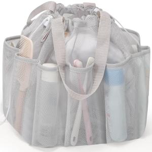 Mesh Shower Caddy Portable with Drawstring, Dorm Room Essentials for College Students, Grey Shower Bag for Camping,Swimming,Gym,Travel,Bathroom