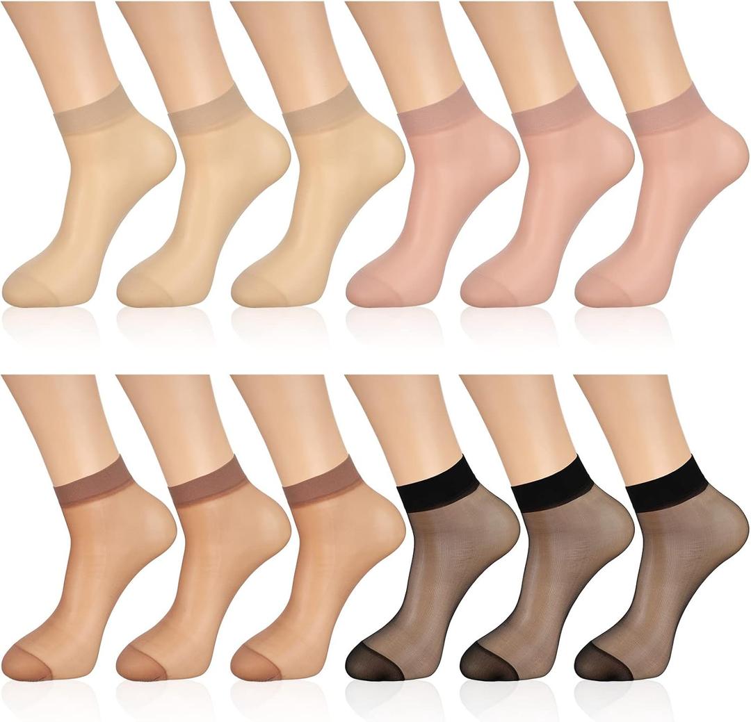 Geyoga 12 Pairs Sheer Ankle Socks Thin Nylon Transparent Ankle High Hosiery Socks Short Dress Stockings for Women (Large, Simple Color)