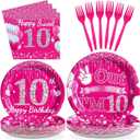Grencian 96Pcs 10th Birthday Decorations for Girls Hot Pink 10th Birthday Party Plates Disposable Double Digits Paper Tableware for Girl 10 Year Old Happy Birth-day Party Supplies, Serves 24
