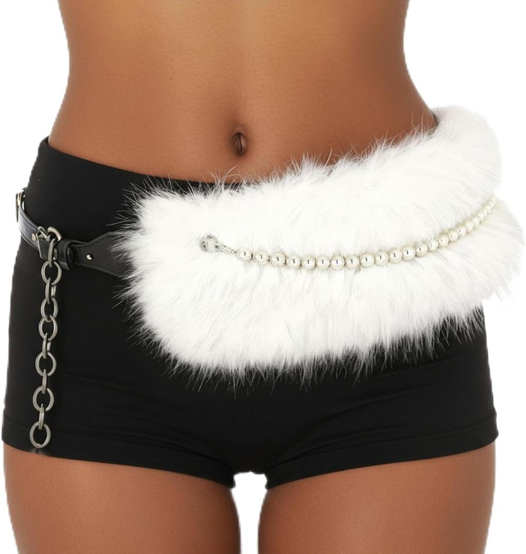 Fur Leather Belt Women Furry Belt Wide Chunky Waist Chain Belts Fashion Accessories for Dresses and Pants (White)