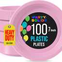Party Solids Pink Plastic Plates For Party 7" Pink Disposable Plates For Party Supplies 100 Pcs Plastic Dinnerware Sets Heavy Duty 350 GSM Disposable Dinnerware Set