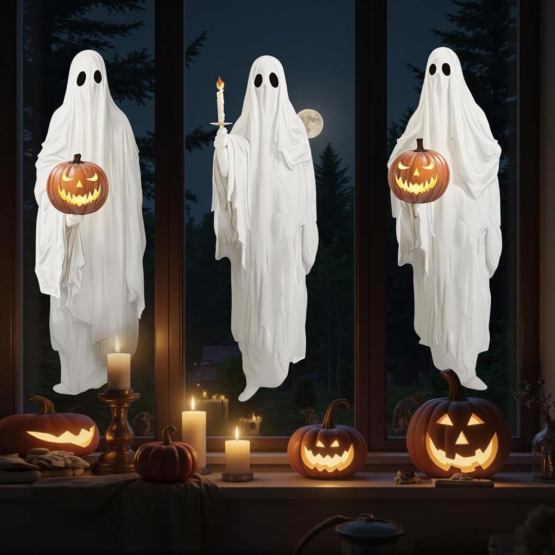 Halloween Window Clings Decorations - 34.5" Extra Large Double Sided White Ghost Decor Window Clings Decals with Pumpkins Candle, Spooky Vintage Halloween Home Decoration for Glass Mirror, 3 Sheets