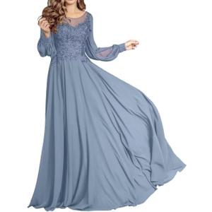 Dusty Blue Long Sleeve Mother of The Bride Dresses for Women Chiffon Formal Elegant Mother of Groom Dress for Wedding Size 14