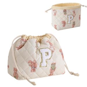 RSRSLEII Initial A-Z Quilted Cotton Drawstring Makeup Bag, Monogrammed Birthday Gift for Women Girls,Aesthetic Personalized Chenille Letter Travel Cosmetic Pouch with Bear Pattern(Z)