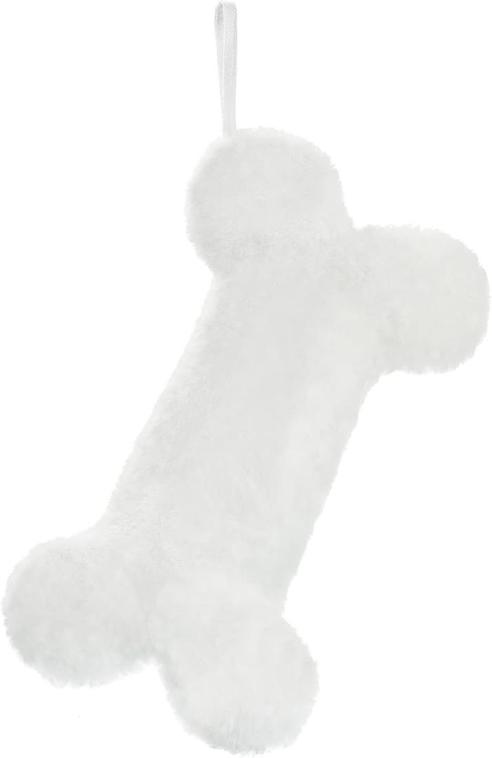 Senneny Snowy White Plush Pet Dog Christmas Stocking, Dog Christmas Stockings Large Bone Shape Faux Fur, Hanging Christmas Holiday Season Party Decor for Pets Dogs