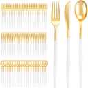 I00000 300 Pcs Gold Plastic Silverware - Gold Disposable Silverware - Premium White Cutlery Set Include 100 Forks 100 Knives 100 Spoons,Plastic Cutlery Party Set for Party & Wedding
