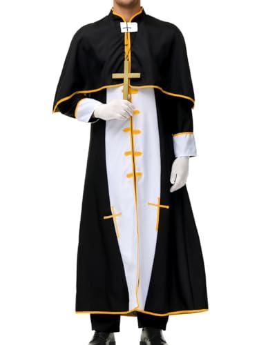 EHSUYAB Mens 3 Pcs Priest Costume, Robe With Cape & Gloves & Cross, Cospaly Pastor Halloween Outfits Black Large