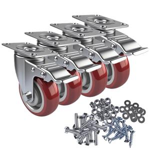 4 Inch Casters Set of 4 Heavy Duty with Brakes, Lockable 360-degree Swivel Plate Caster Wheels for Furniture, Table, Cart, and Workbench Included Screws, Load 2200lbs