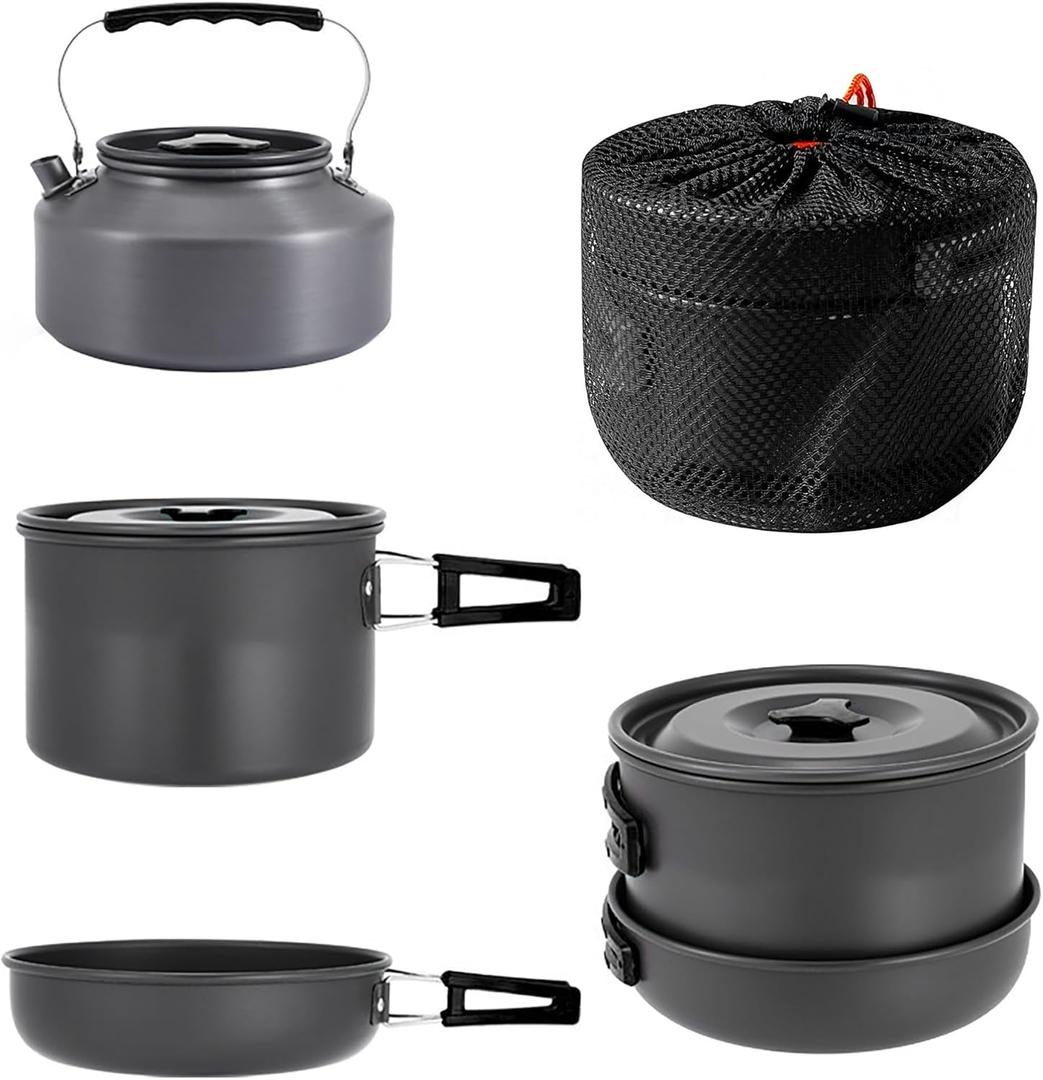 aiGear 3pcs Camping Cookware Mess Kit, Non-Stick Camping Pan Pot Kettle, Lightweight Aluminum, Collapsible Portable Camping Cooking Set for Outdoor Cooking Hiking Picnic (Black)