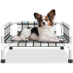 Elevated Raised Outdoor Dog Bed - Cooling Washable Dog Cot with Guardrail, Durable & Breathable Cotton Mesh Pet Hammock Beds with Stainless Steel Pipe Frame for Small Pets (20'' x 20'' x 12'')