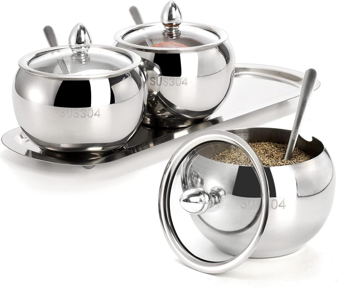 Hedume 3 Grids 304 Stainless Steel Seasoning Containers Set with Lid Spoon and Tray, Condiment Jar Spice Container, Condiment Canisters Pots for Serving Sugar, Pepper, Salt, Spice
