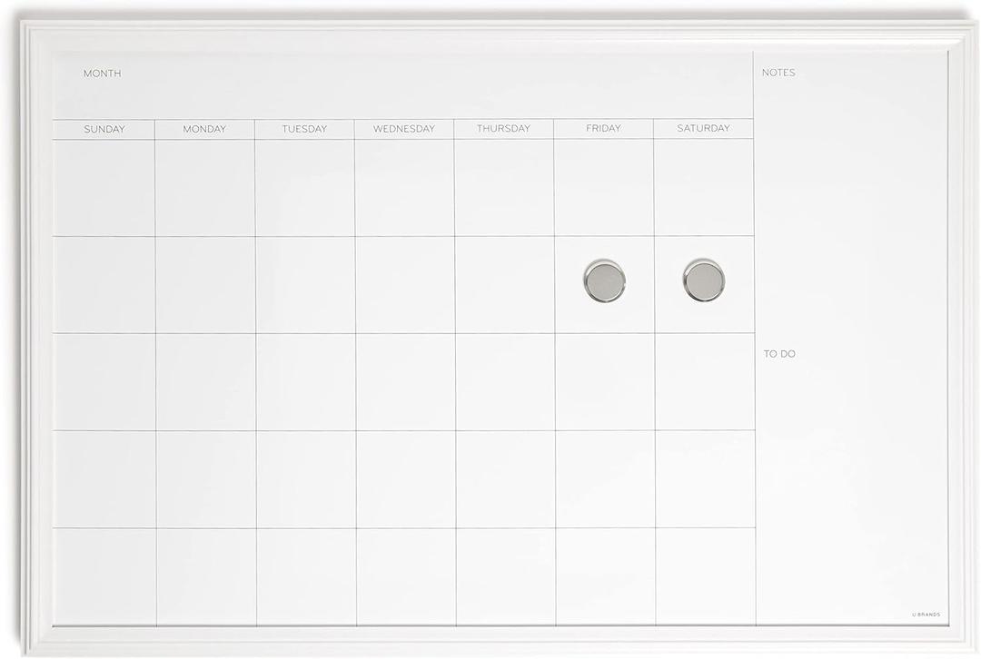 U Brands Farmhouse Dry Erase Calendar with White Frame Set, Office Supplies, with Magnets, 20 x 30, 3 Pieces