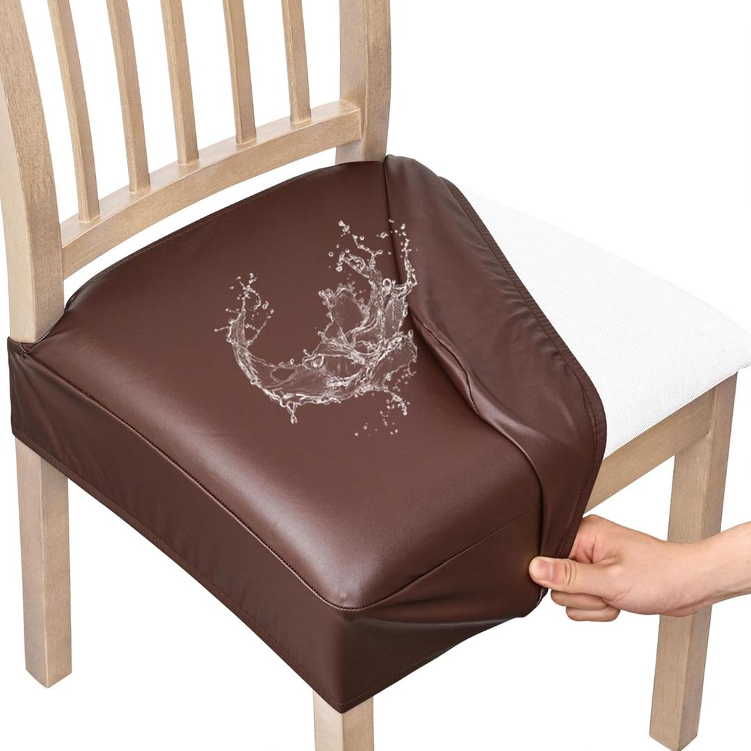 Smiry Waterproof Pu Leather Seat Covers for Dining Room Chairs Set of 6, Stretch Fit Removable Washable Kitchen Chair Seat Slipcovers Protector, No Rear Covers, Coffee