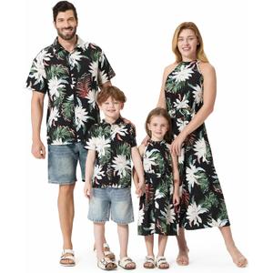 PATPAT Family Hawaiian Matching Outfits Mommy and Me Outfits Caribbean Vacation Summer Tropical Halter Sundresses and Shirts (Black Flower)