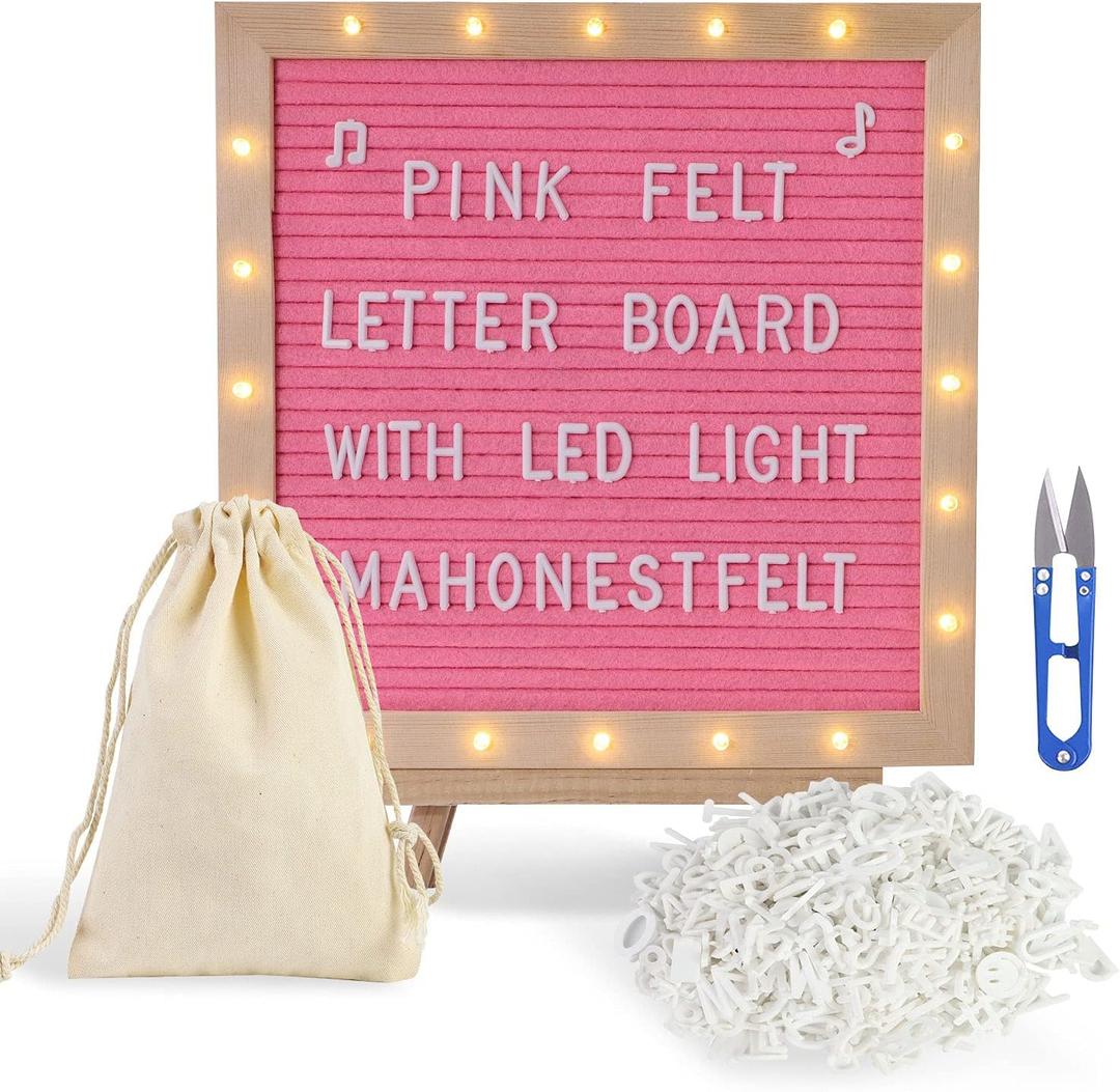 Pink Felt Letter Board with Stand, Built-in LED Lights With Tripod Stand and Wall Mount Hanger for Party Home Decor(10x10), Menu Board, 340 Letters for Custom Sign Messages, Party Planning (Pink)