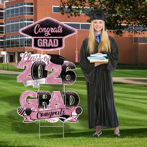 Graduation Yard Signs Class of 2026, 3-Pack Pink Congrats Grad Yard Sign with Metal Stakes and Whiteboards for Graduation Party Decorations Outdoor Party Supplies
