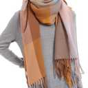 Wander Agio Women's Fashion Long Shawl Big Grid Winter Warm Lattice Large Scarf (Big Camel Pink 7)