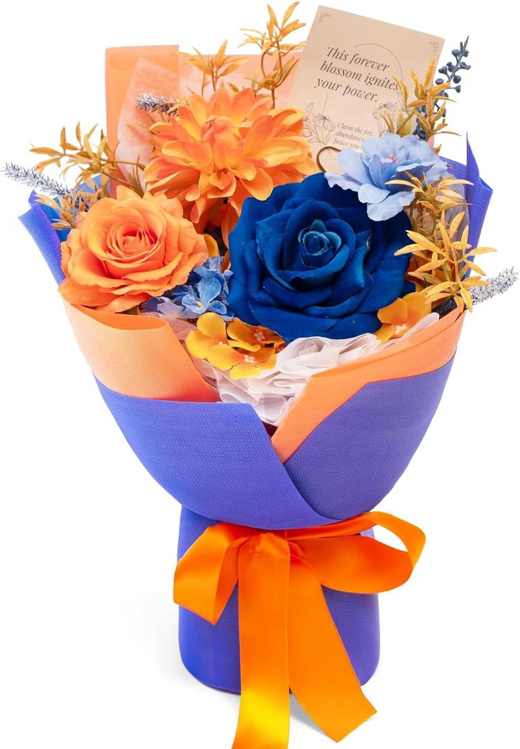 TINGE TIME Preserved Flowers Bouquet, Orange & Navy Blue Roses Gift Bouquet, Eternal Roses Bouquet for Wedding, Table Centerpieces, Mothers Day, Birthday Gifts, Anniversary, Graduation