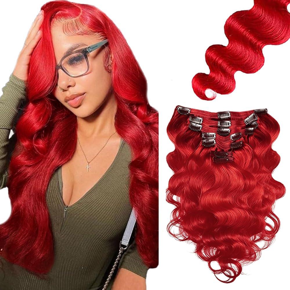 24 Inch Red Clip in Hair Extensions,Soft Real Human Hair 120g 7pcs,Brazilian Remy Sliver Clip ins for Women,Honey Red Clip ins Silky Body Wave Hair Extensions