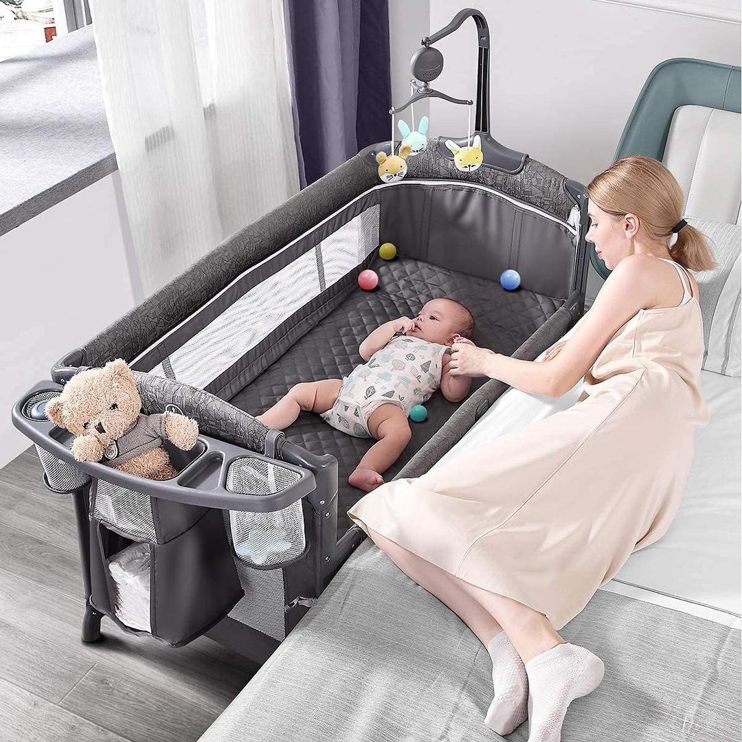 ADOVEL Baby Bassinet Bedside Crib, Pack and Play, Diaper Changer, Grey