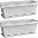 19 Inch Rectangular Plastic Planters with Drainage and Matching Trays, Set of 2, Window Box Flower Pots for Indoor Outdoor Use (White)