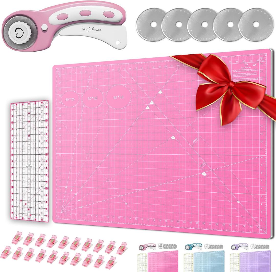 Rotary Cutter Set - Quilting Kit incl. 45mm Fabric Cutter, 5 Replacement Blades - Ideal for Crafting, Sewing, Patchworking, Crochet & Knitting (Pink, Cutting Mat Set (36" x 24"))