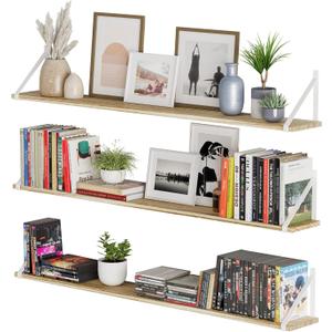 Wallniture Bora Long Floating Shelves, 48" x 6" Wall Bookshelf Living Room Decor, Rustic Wall Mounted Shelves for Bedroom, Office, Kitchen and Bathroom, Set of 3, Burnt